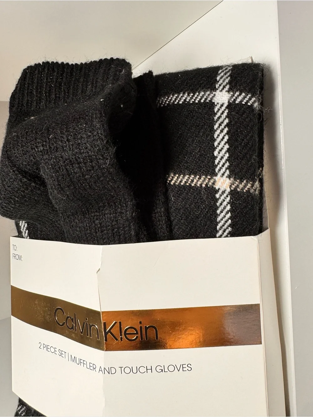 Calvin Klein Black Plaid Scarf and Touchscreen Gloves Set